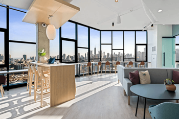 a rendering of a room with a bar and a view of a city